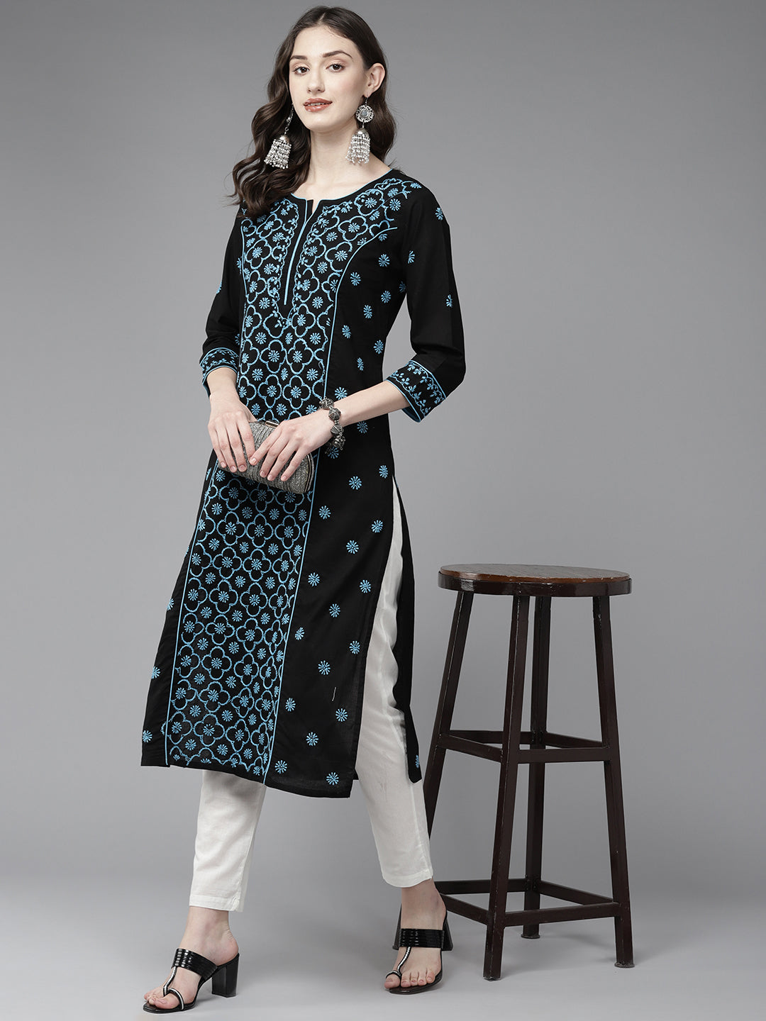 Lucknowi Chikankari Black & Blue Cotton Kurta