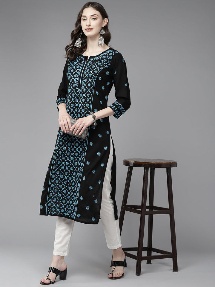 Lucknowi Chikankari Black & Blue Cotton Kurta