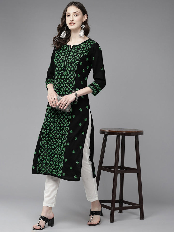 Lucknowi Chikankari Black & Green Cotton Kurta