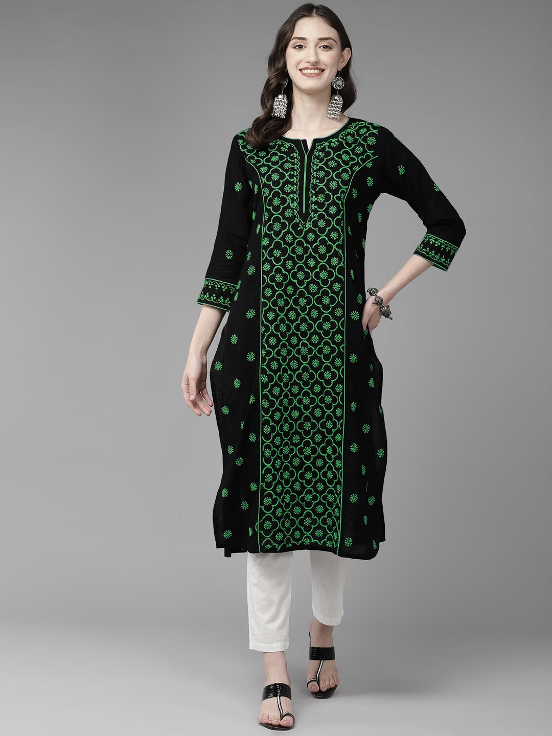 Lucknowi Chikankari Black & Green Cotton Kurta