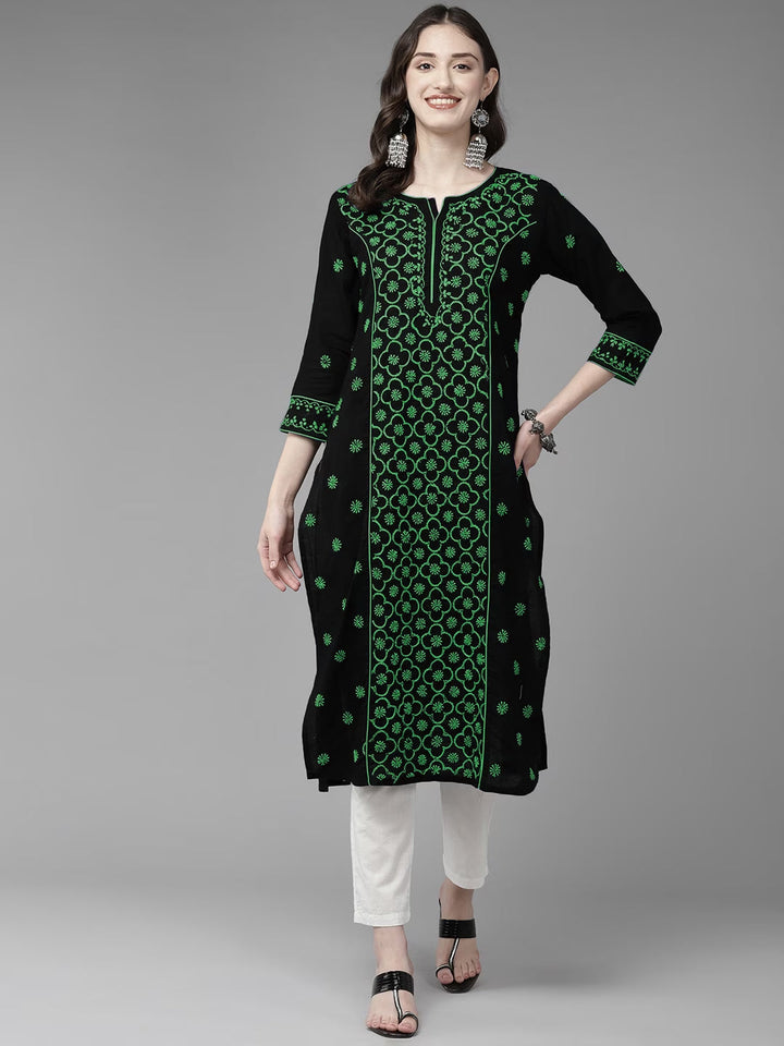 Lucknowi Chikankari Black & Green Cotton Kurta