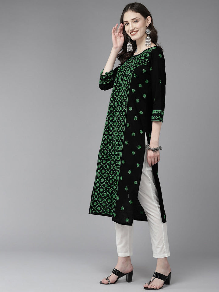 Lucknowi Chikankari Black & Green Cotton Kurta