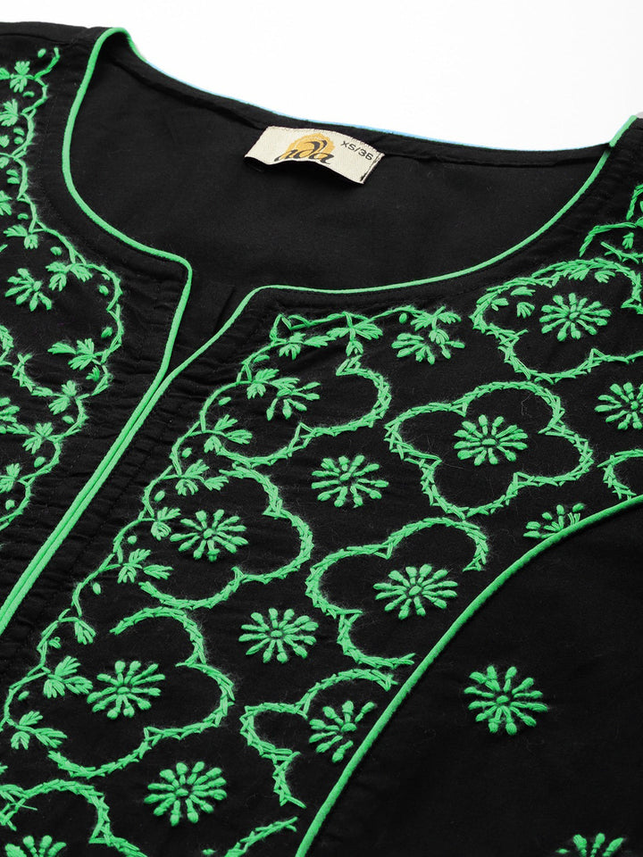 Lucknowi Chikankari Black & Green Cotton Kurta