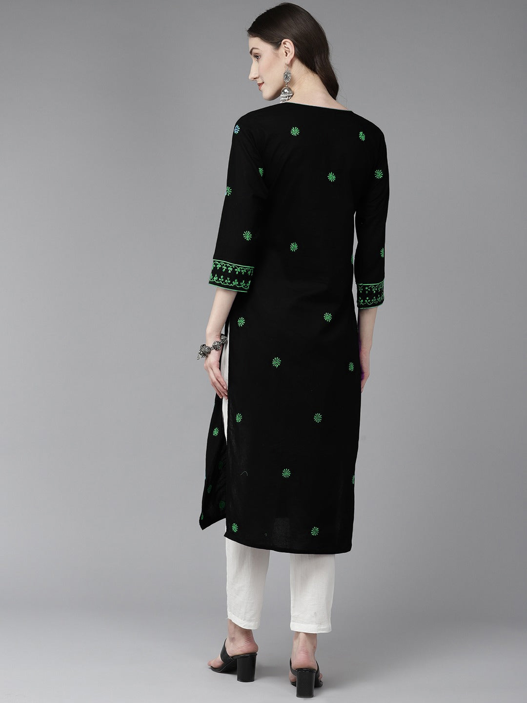 Lucknowi Chikankari Black & Green Cotton Kurta