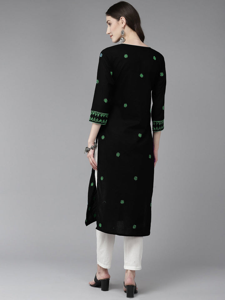 Lucknowi Chikankari Black & Green Cotton Kurta