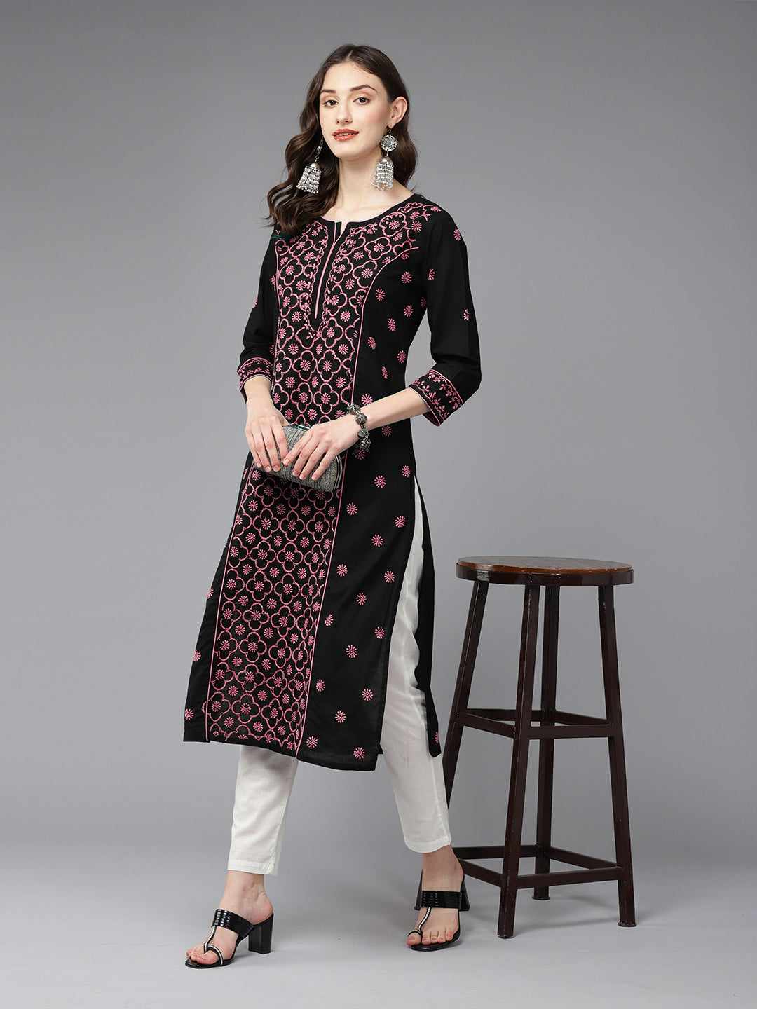 Lucknowi Chikankari Black & Pink Cotton Kurta