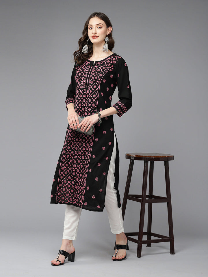 Lucknowi Chikankari Black & Pink Cotton Kurta