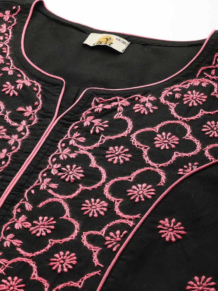Lucknowi Chikankari Black & Pink Cotton Kurta