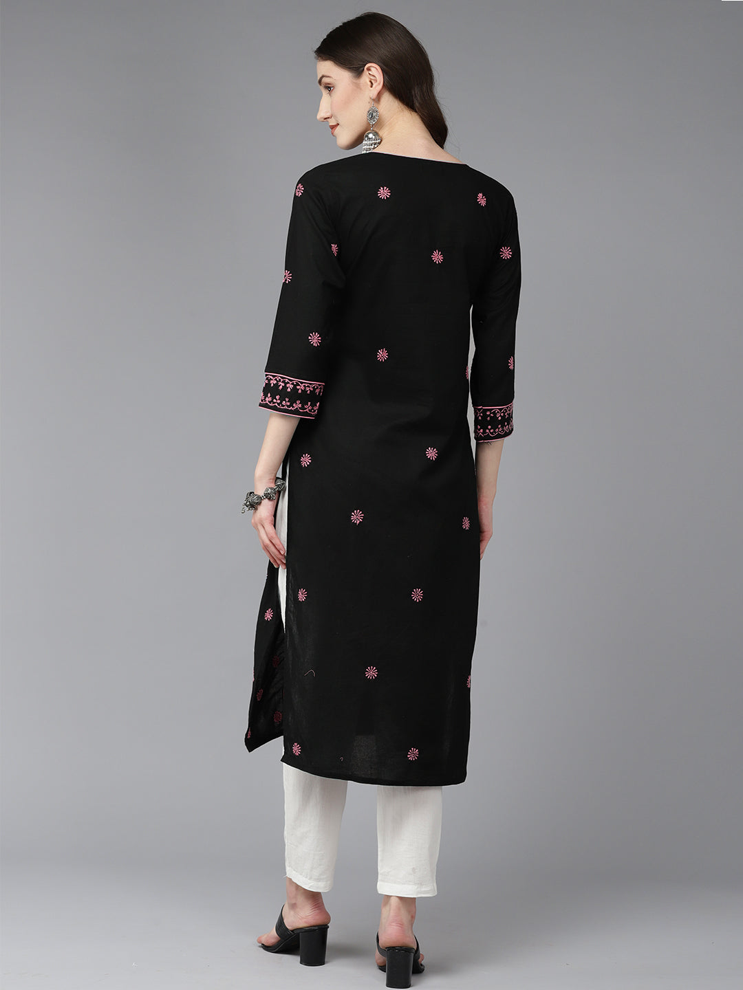 Lucknowi Chikankari Black & Pink Cotton Kurta