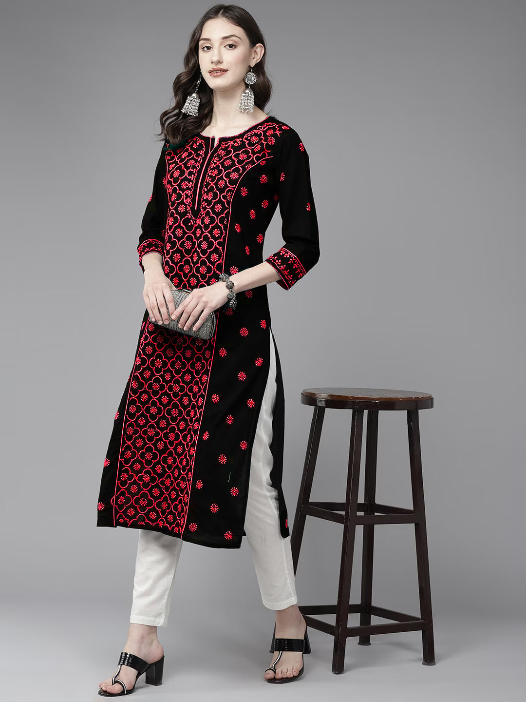 Lucknowi Chikankari Black & Red Cotton Kurta