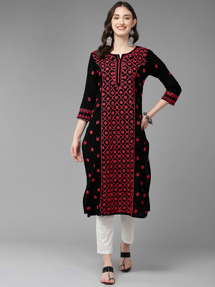Lucknowi Chikankari Black & Red Cotton Kurta