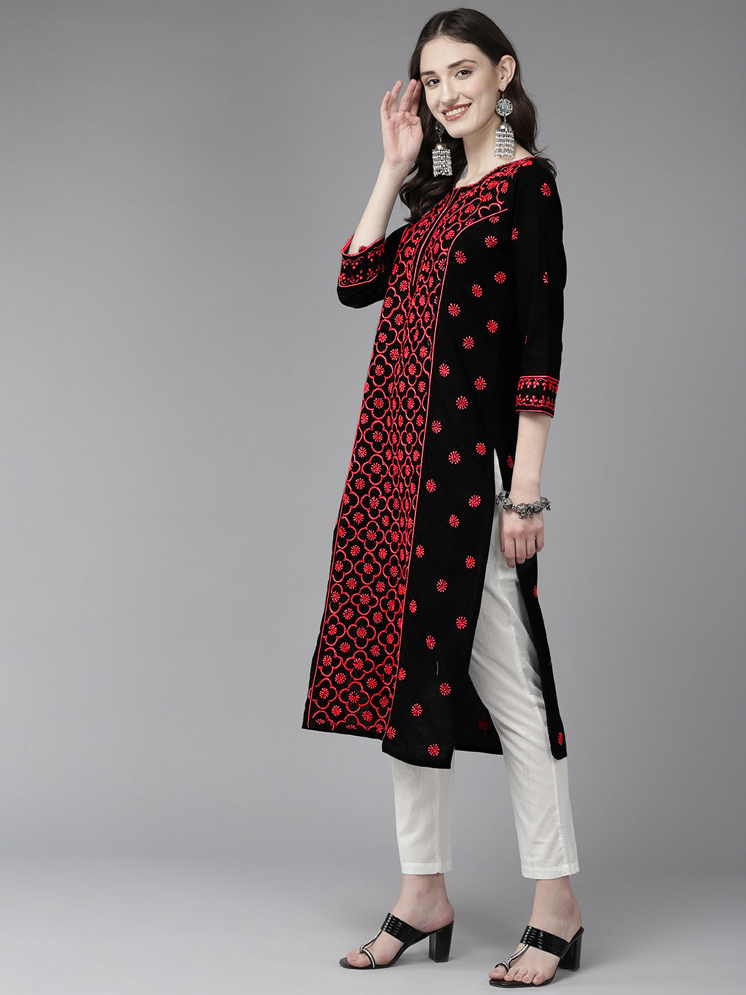 Lucknowi Chikankari Black & Red Cotton Kurta