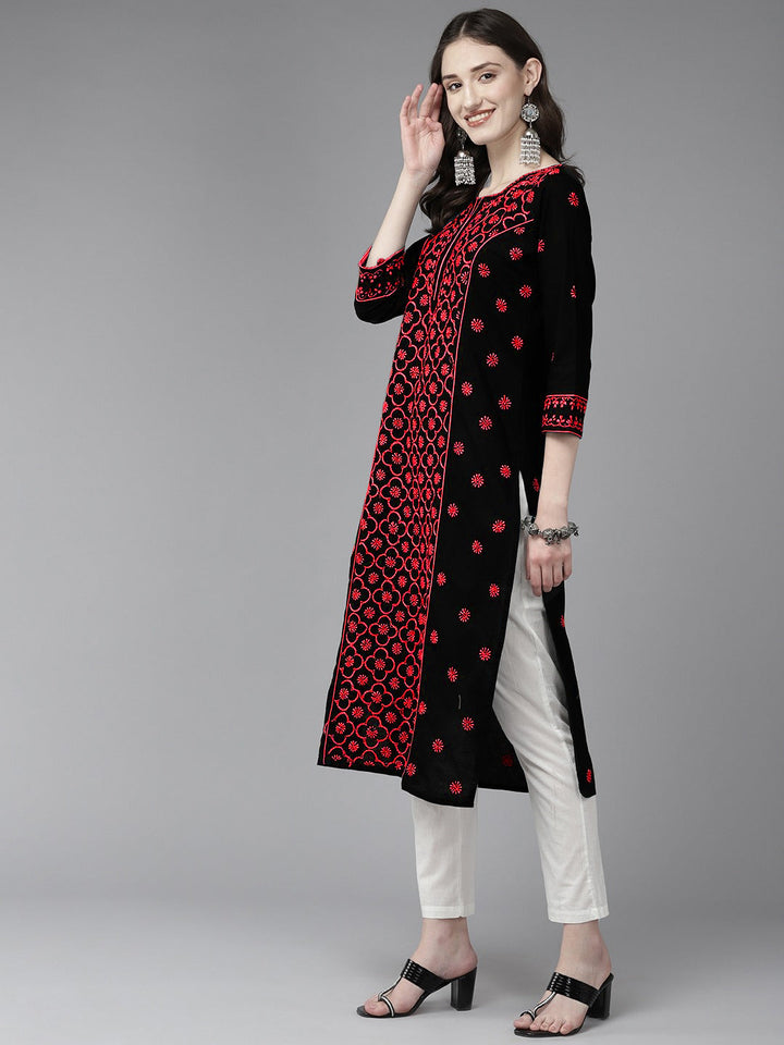 Lucknowi Chikankari Black & Red Cotton Kurta