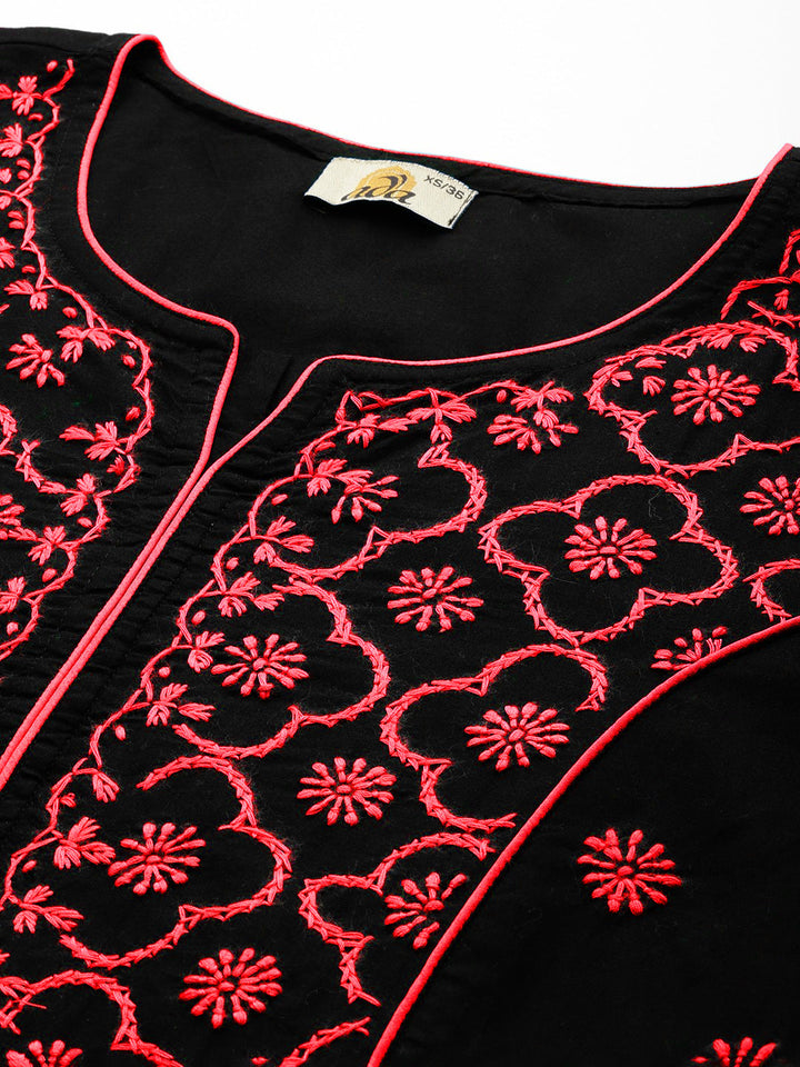 Lucknowi Chikankari Black & Red Cotton Kurta