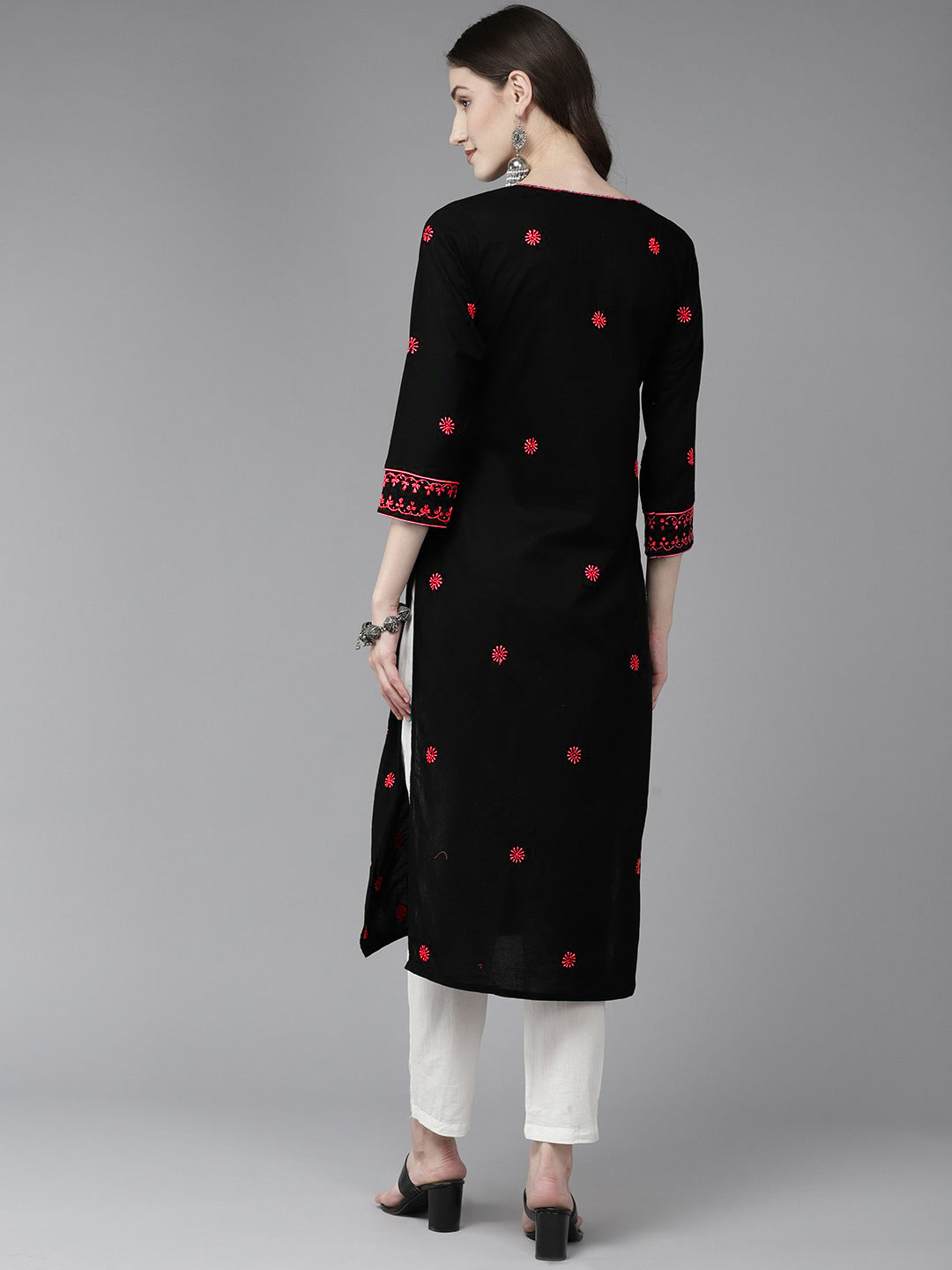 Lucknowi Chikankari Black & Red Cotton Kurta