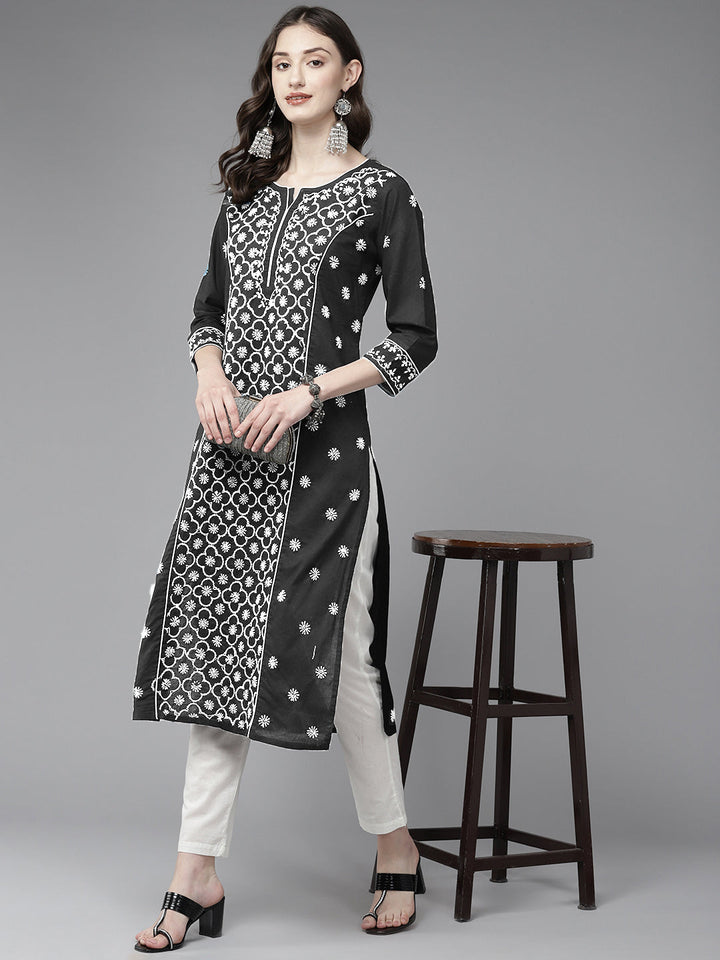 Lucknowi Chikankari Black & White Cotton Kurta