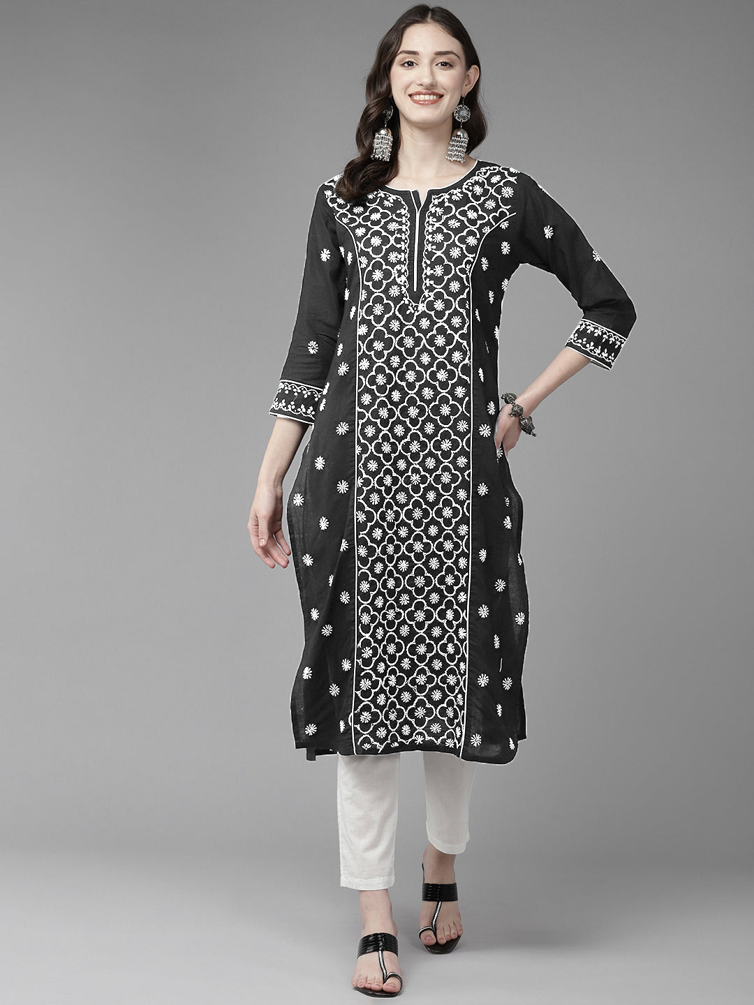 Lucknowi Chikankari Black & White Cotton Kurta