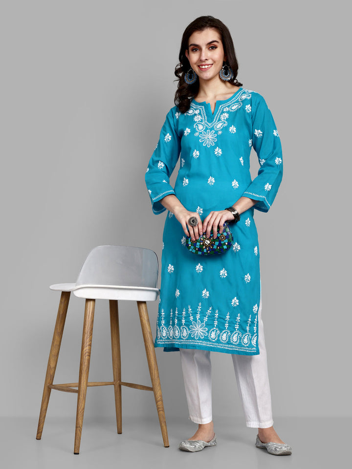 Lucknowi Chikankari Blue Cotton Silk Kurta