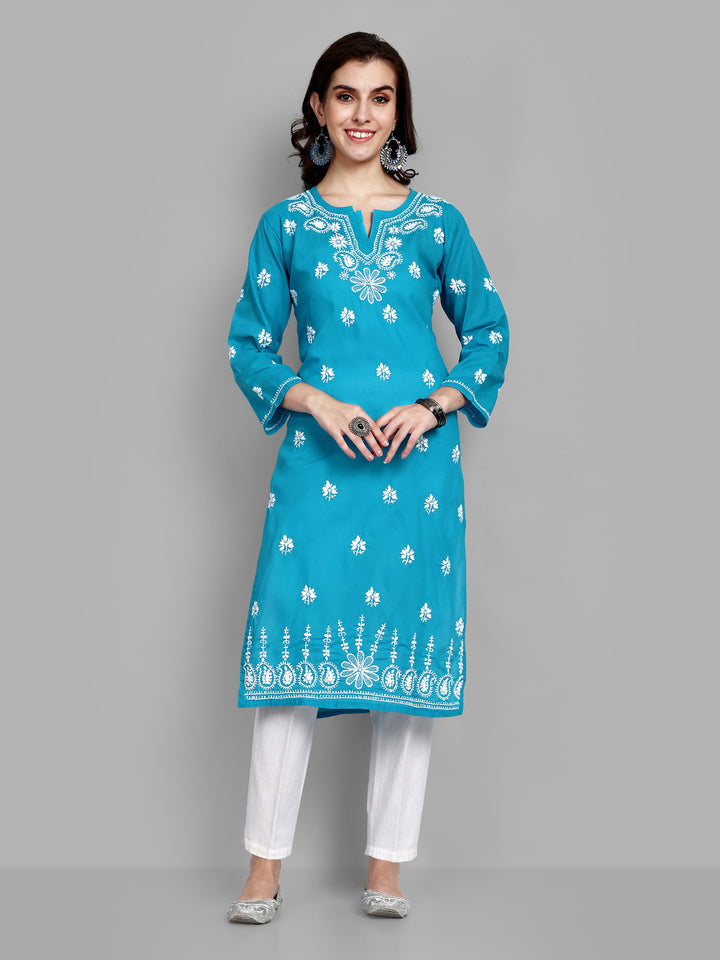 Lucknowi Chikankari Blue Cotton Silk Kurta