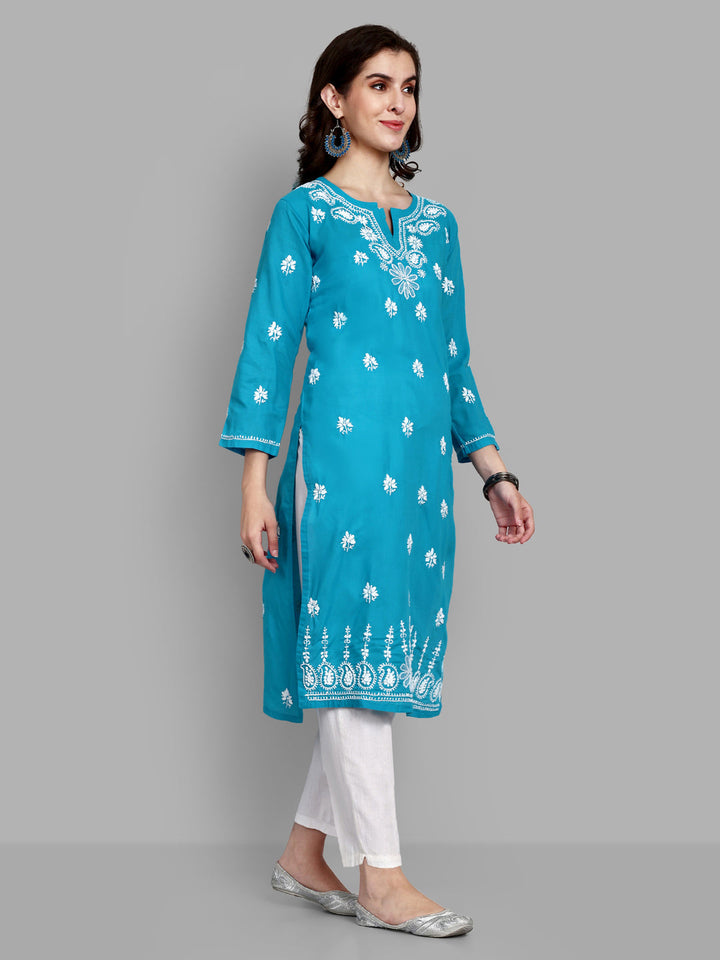 Lucknowi Chikankari Blue Cotton Silk Kurta