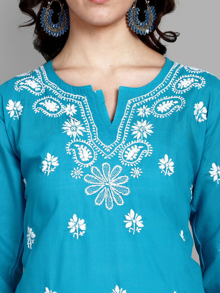 Lucknowi Chikankari Blue Cotton Silk Kurta