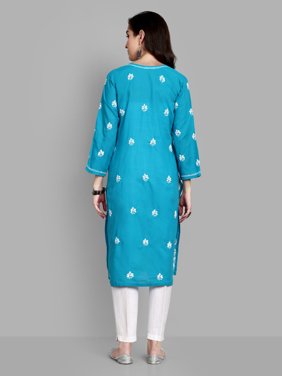 Lucknowi Chikankari Blue Cotton Silk Kurta