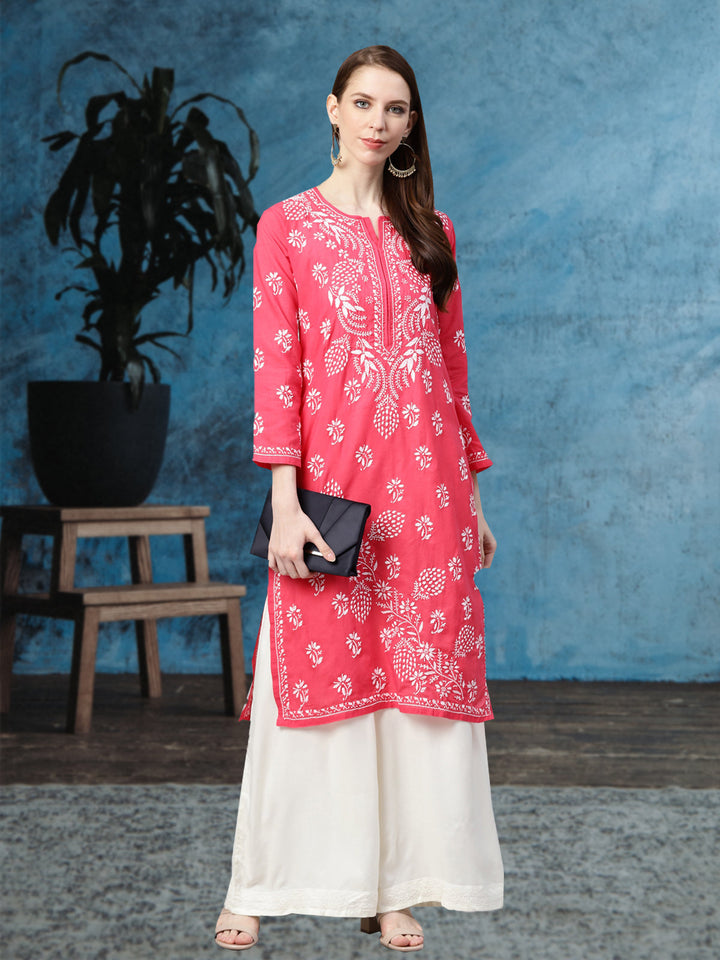 Lucknowi Chikankari Carrot Pink Cotton Kurta