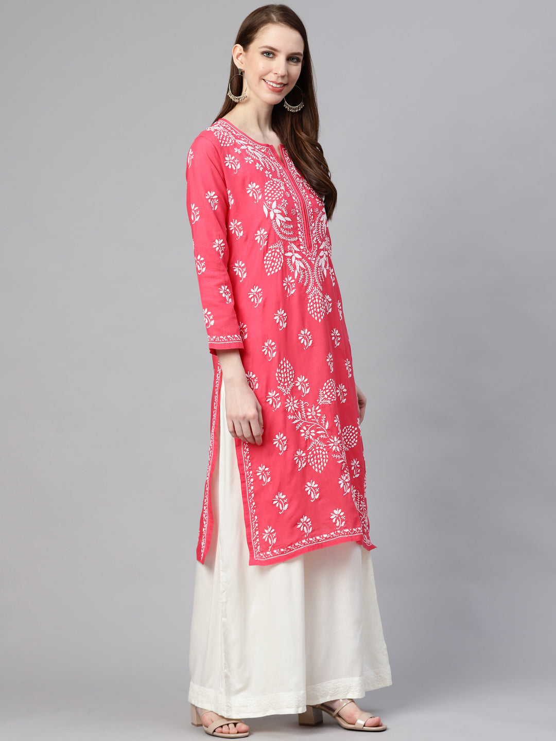 Lucknowi Chikankari Carrot Pink Cotton Kurta