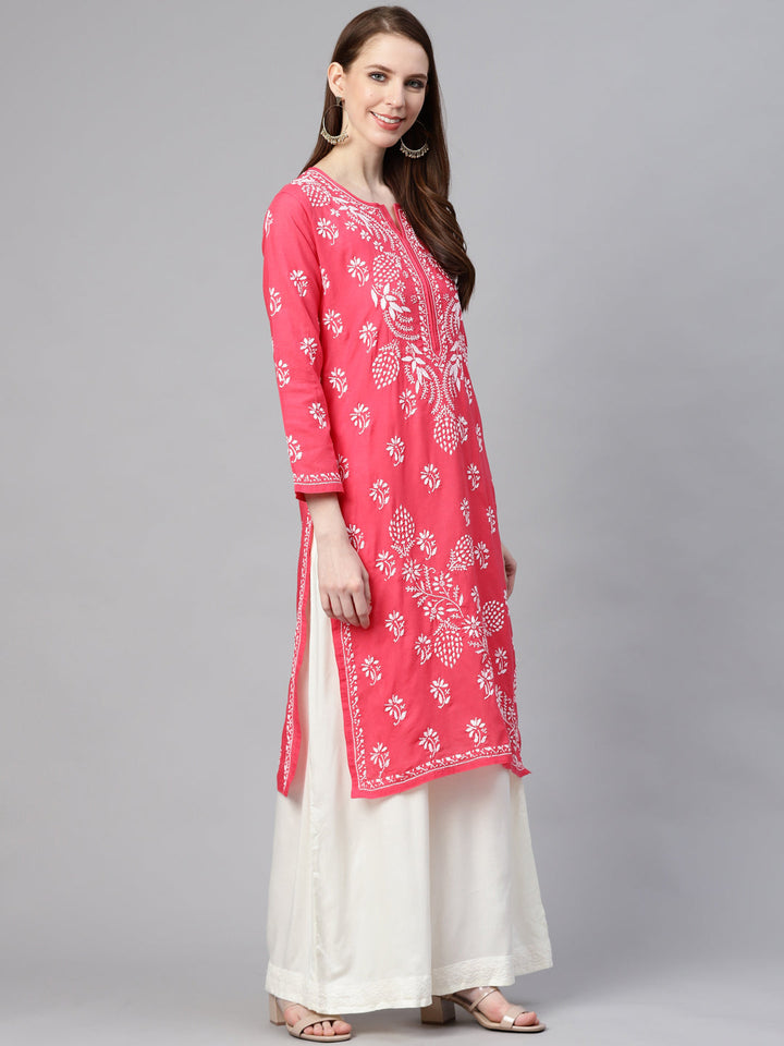 Lucknowi Chikankari Carrot Pink Cotton Kurta