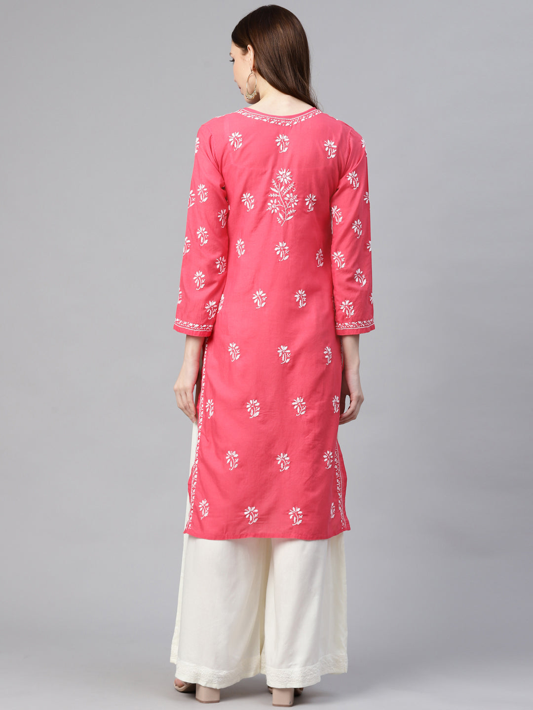 Lucknowi Chikankari Carrot Pink Cotton Kurta