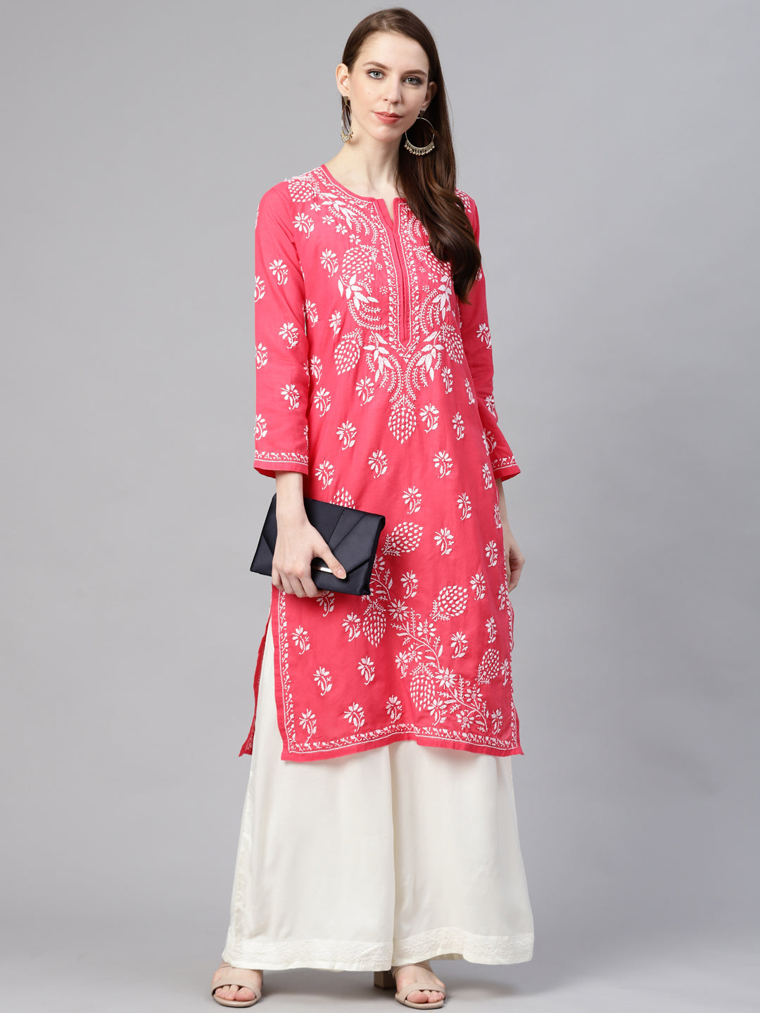 Lucknowi Chikankari Carrot Pink Cotton Kurta