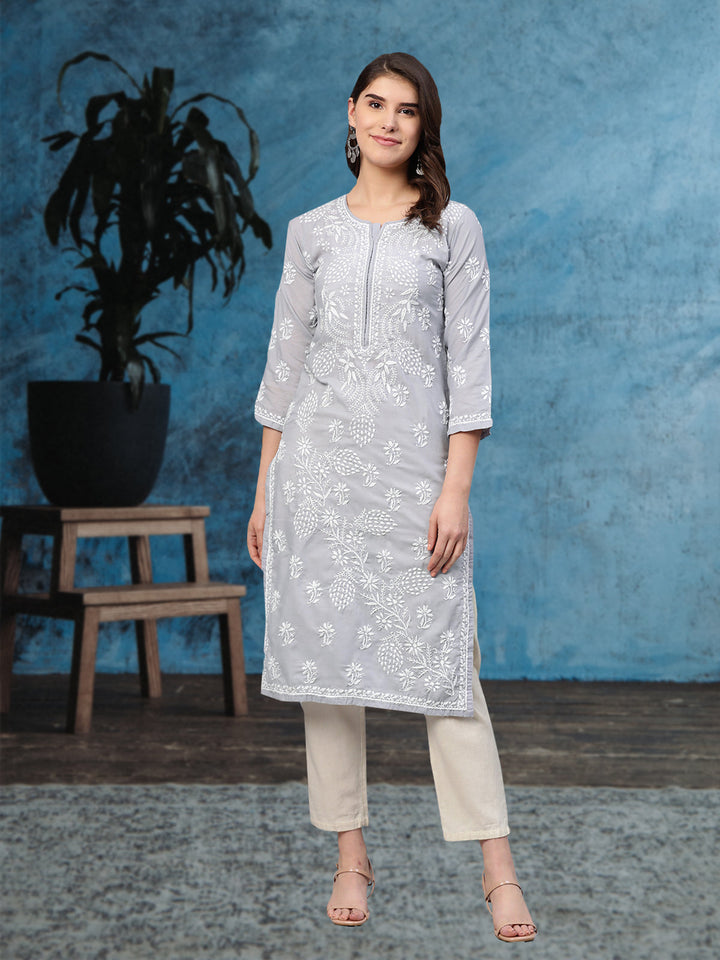 Lucknowi Chikankari Grey Cotton Kurta