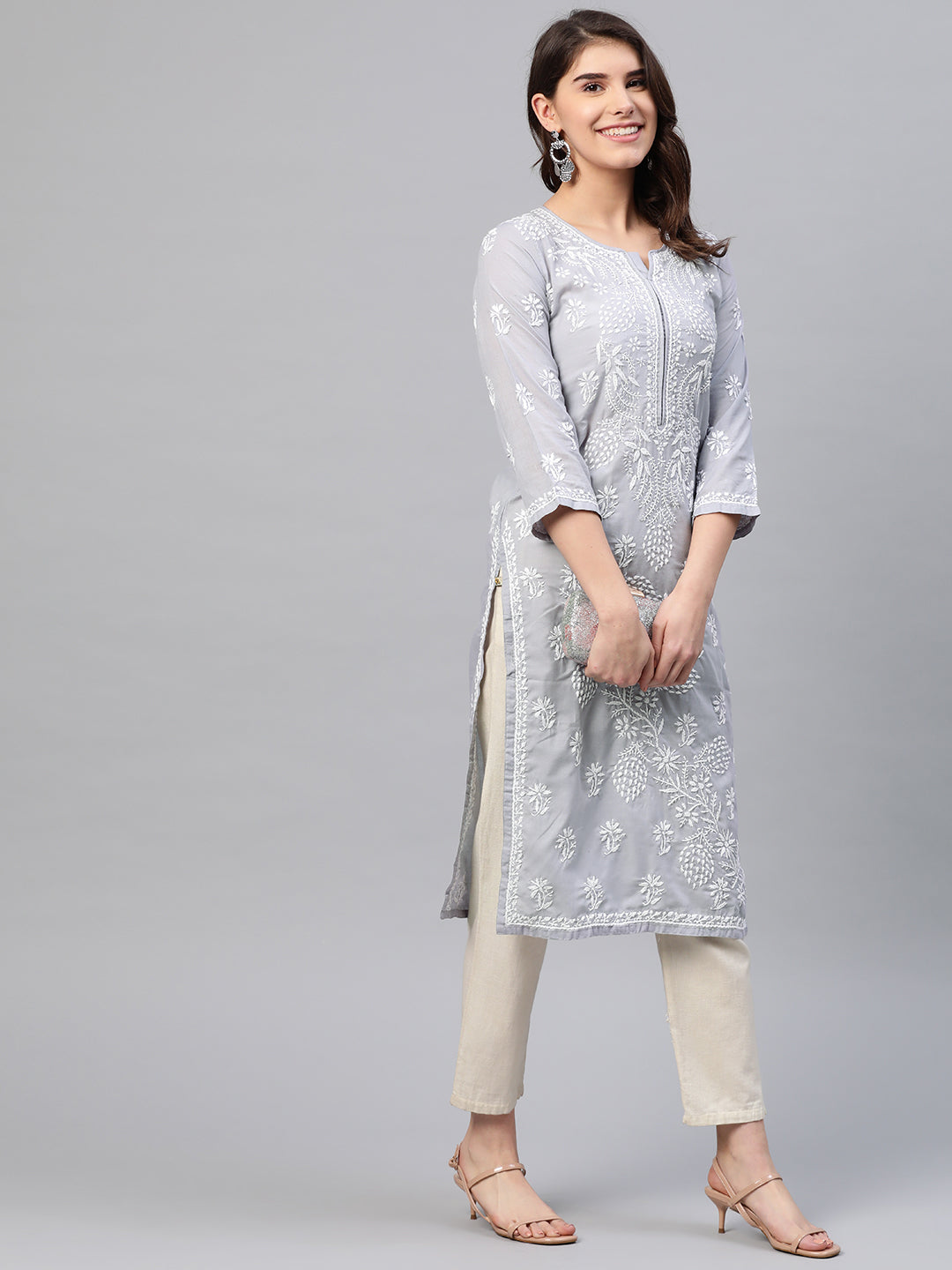 Lucknowi Chikankari Grey Cotton Kurta