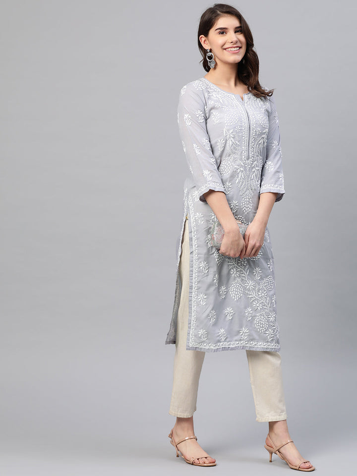 Lucknowi Chikankari Grey Cotton Kurta