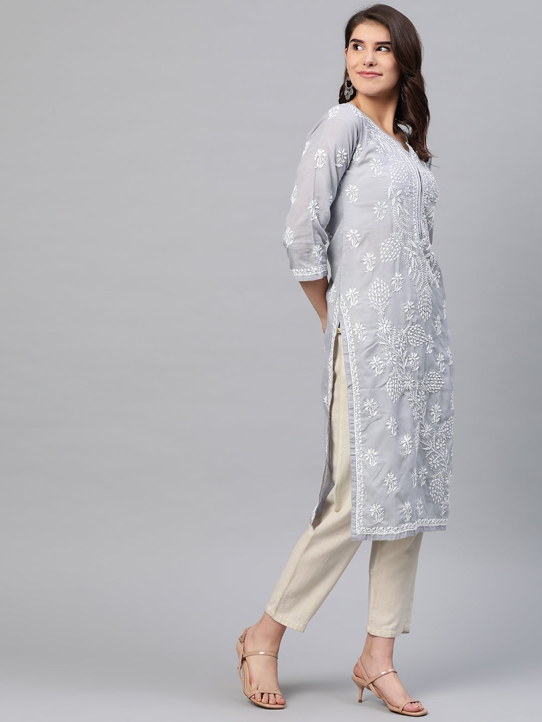 Lucknowi Chikankari Grey Cotton Kurta