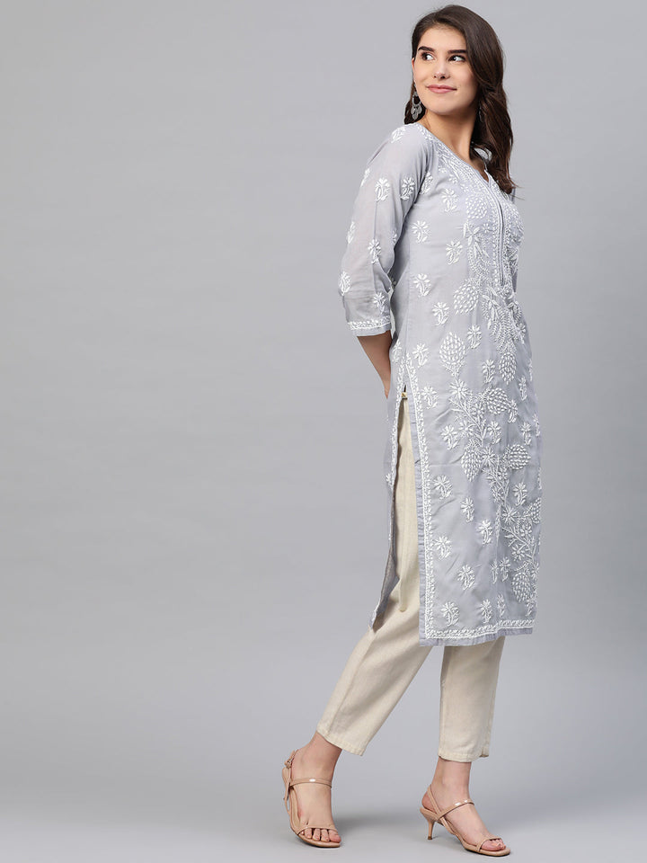 Lucknowi Chikankari Grey Cotton Kurta