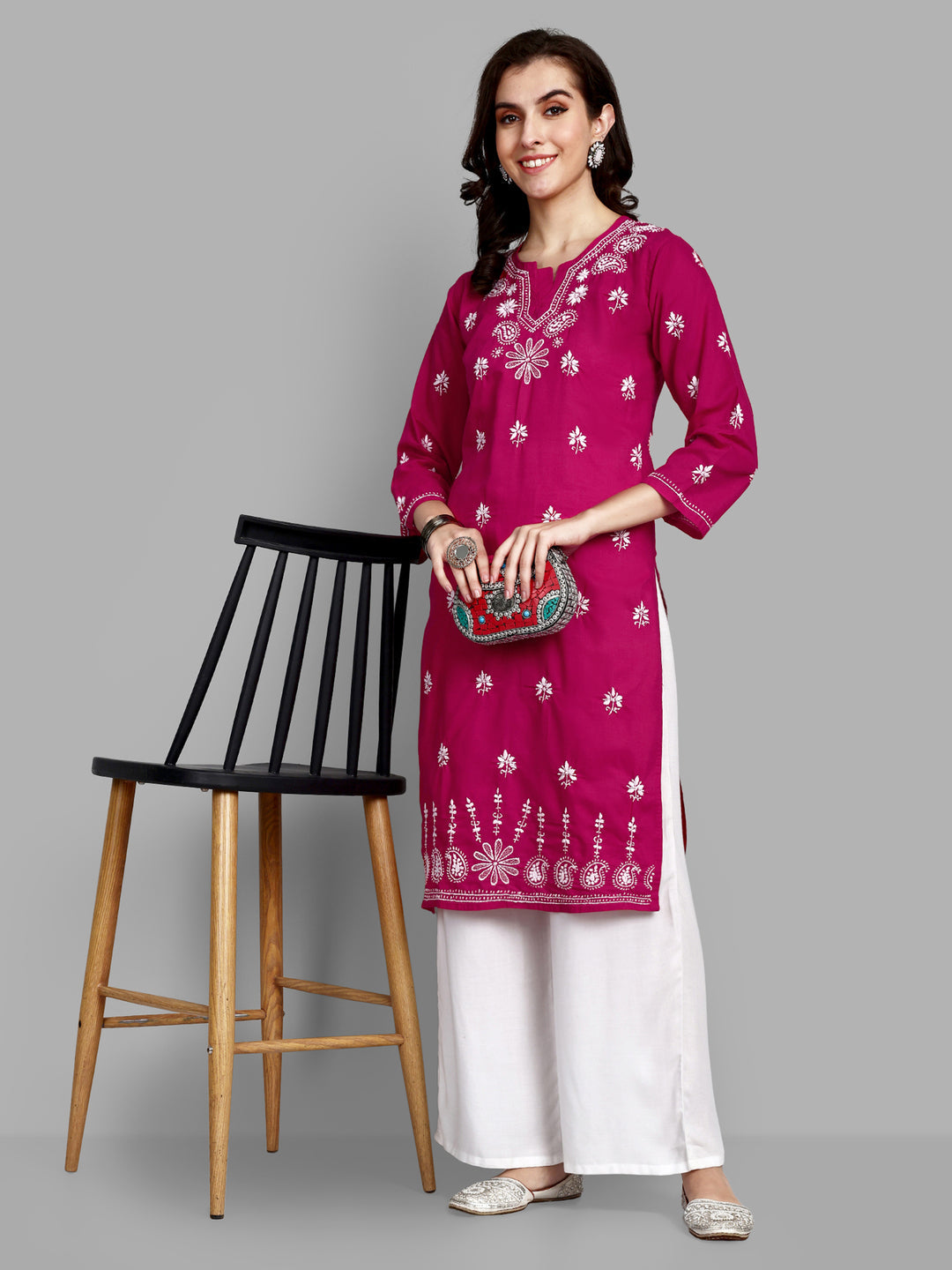 Lucknowi Chikankari Magenta Cotton Silk Kurta