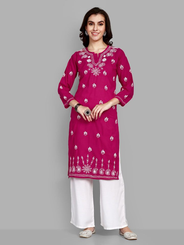 Lucknowi Chikankari Magenta Cotton Silk Kurta