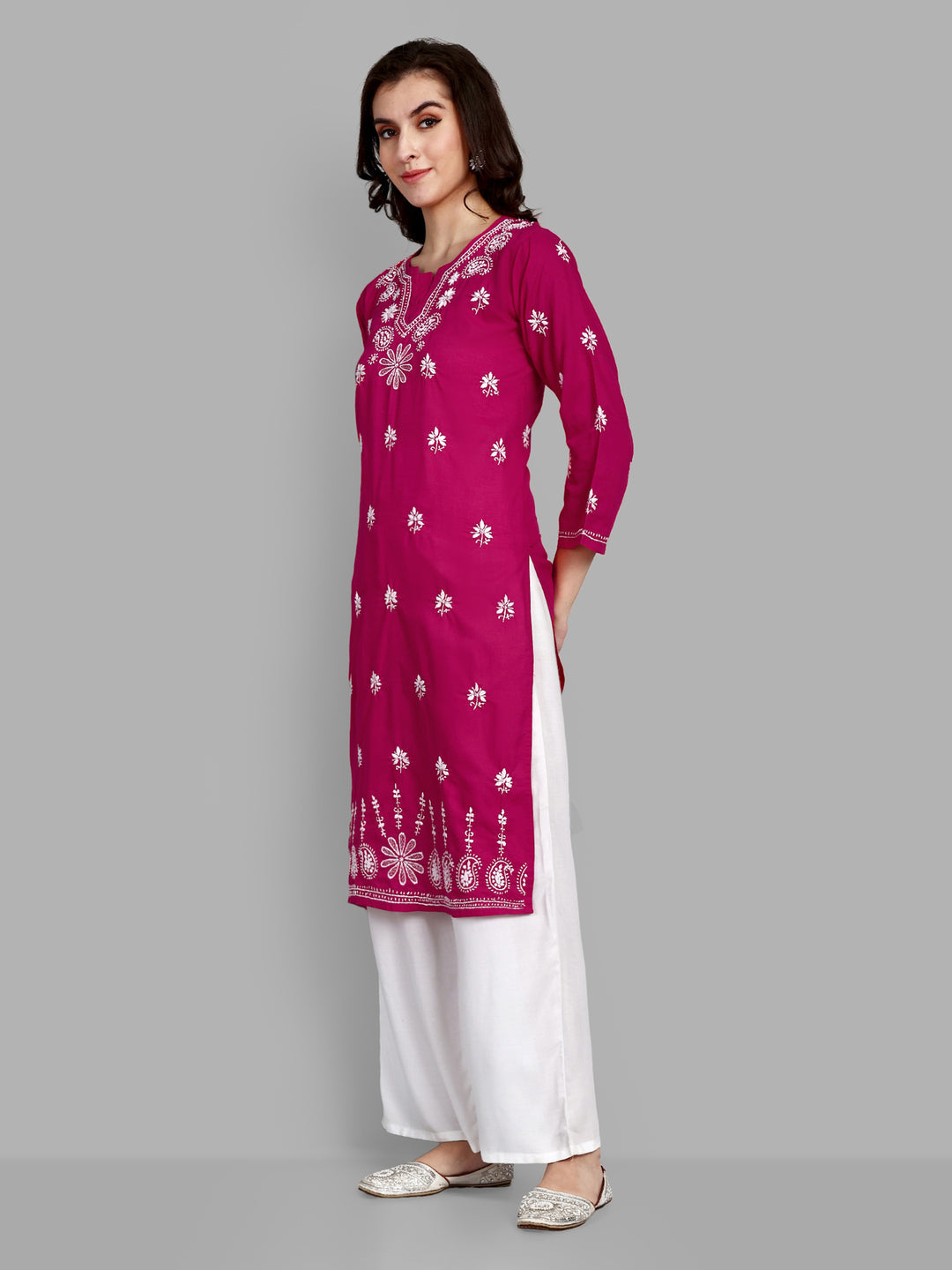Lucknowi Chikankari Magenta Cotton Silk Kurta