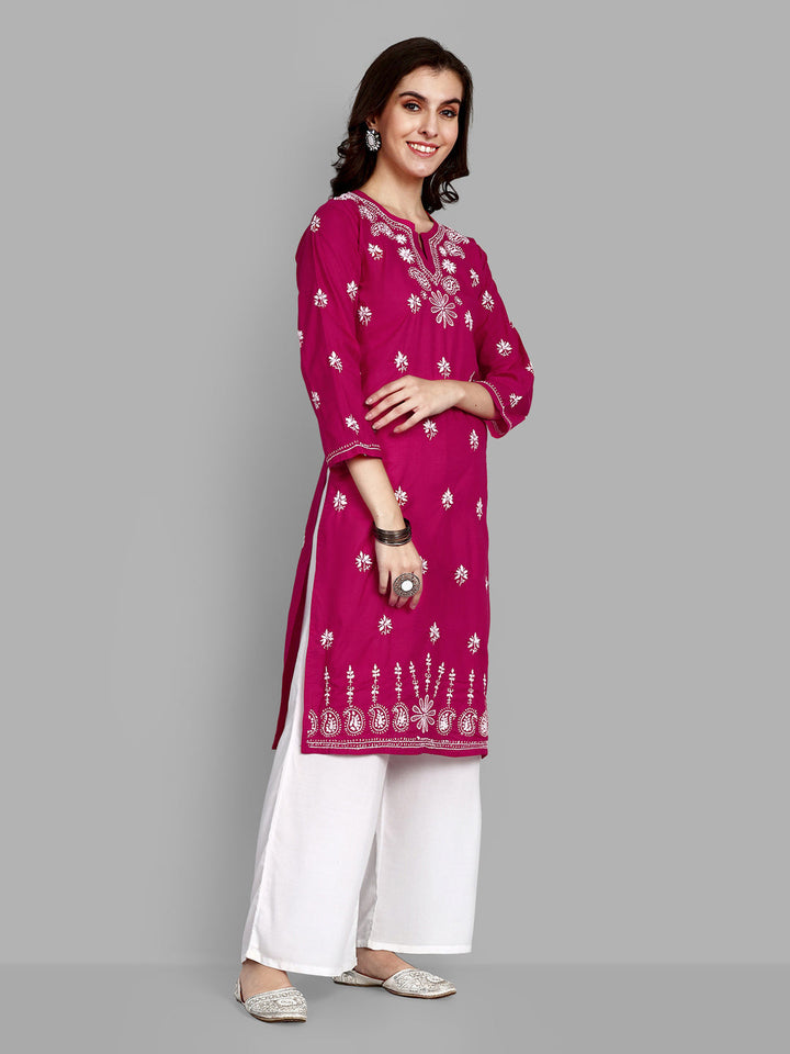 Lucknowi Chikankari Magenta Cotton Silk Kurta