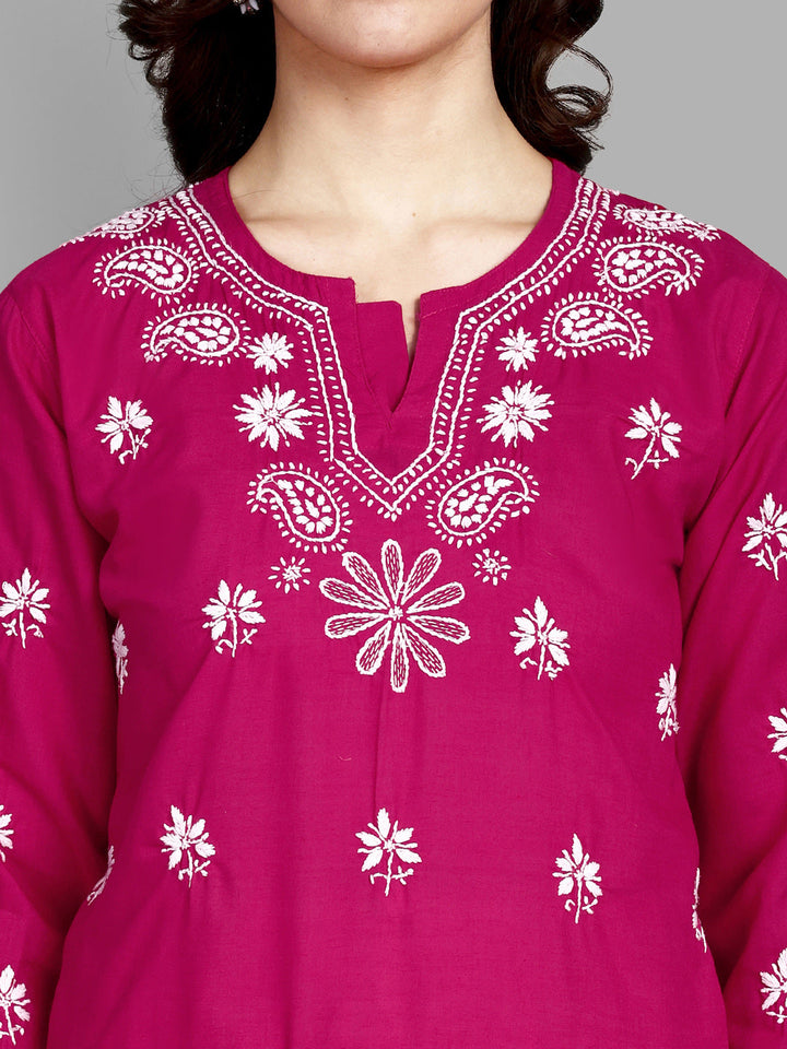 Lucknowi Chikankari Magenta Cotton Silk Kurta