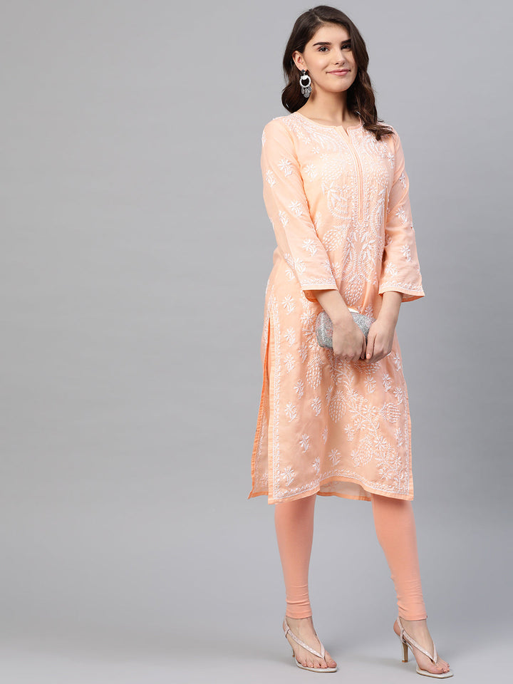 Lucknowi Chikankari Peach Cotton Kurta
