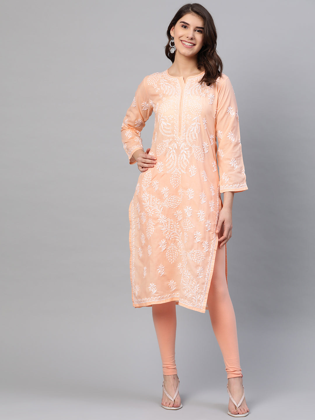 Lucknowi Chikankari Peach Cotton Kurta
