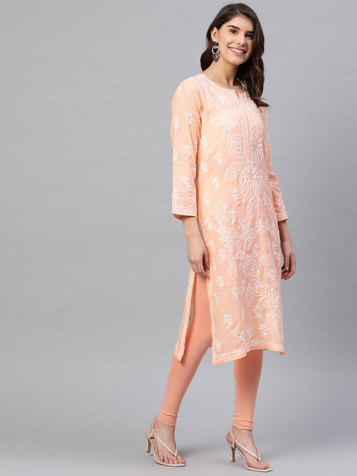 Lucknowi Chikankari Peach Cotton Kurta