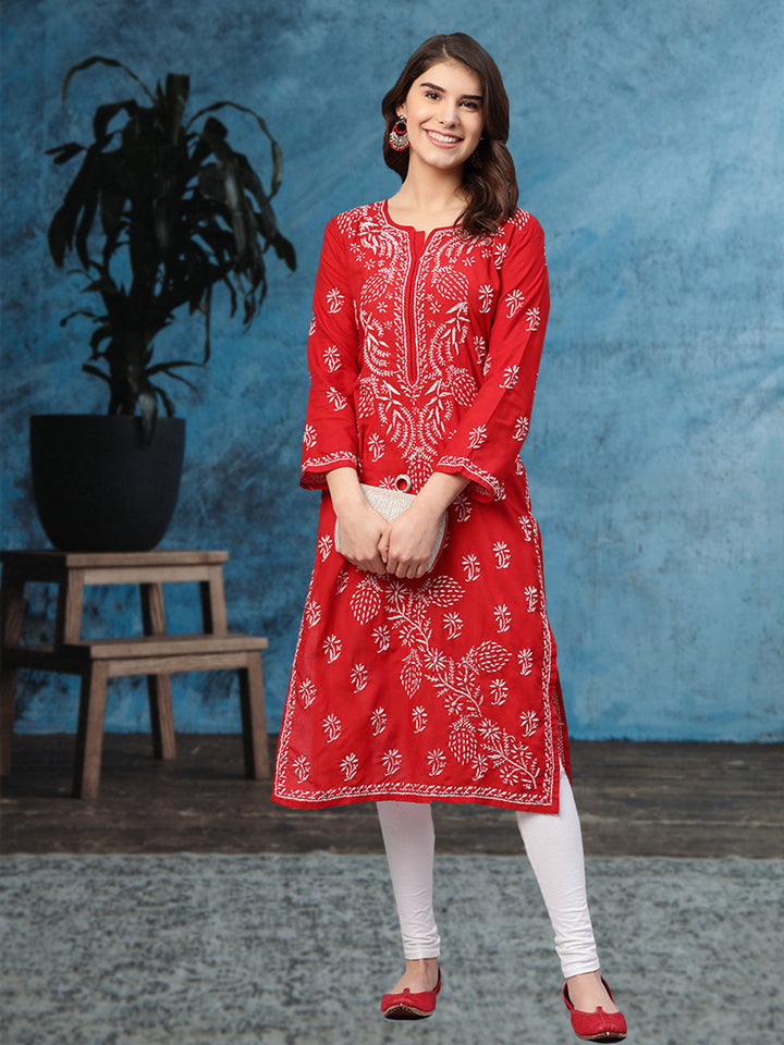 Lucknowi Chikankari Red Cotton Kurta