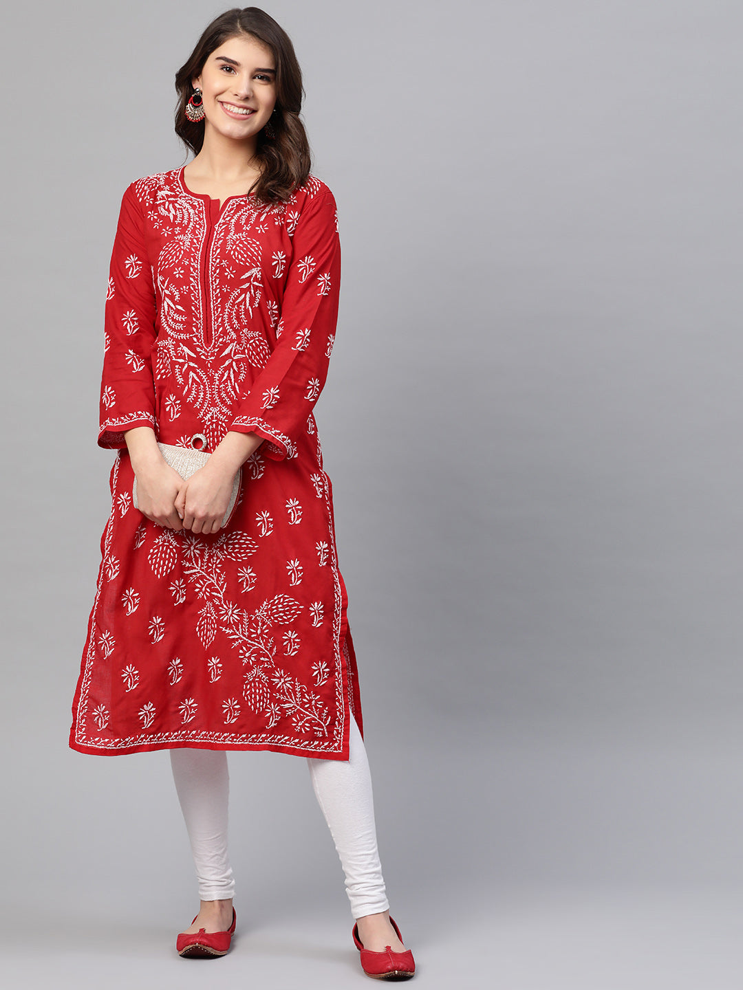Lucknowi Chikankari Red Cotton Kurta