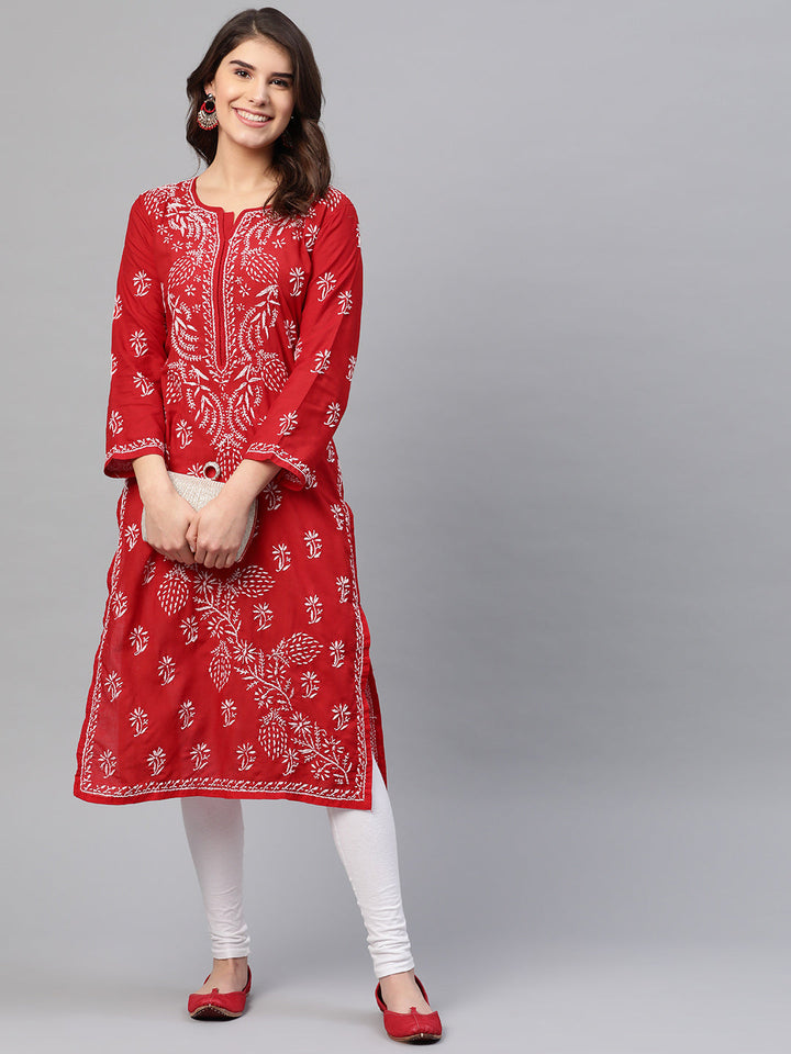 Lucknowi Chikankari Red Cotton Kurta
