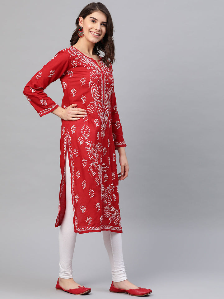 Lucknowi Chikankari Red Cotton Kurta