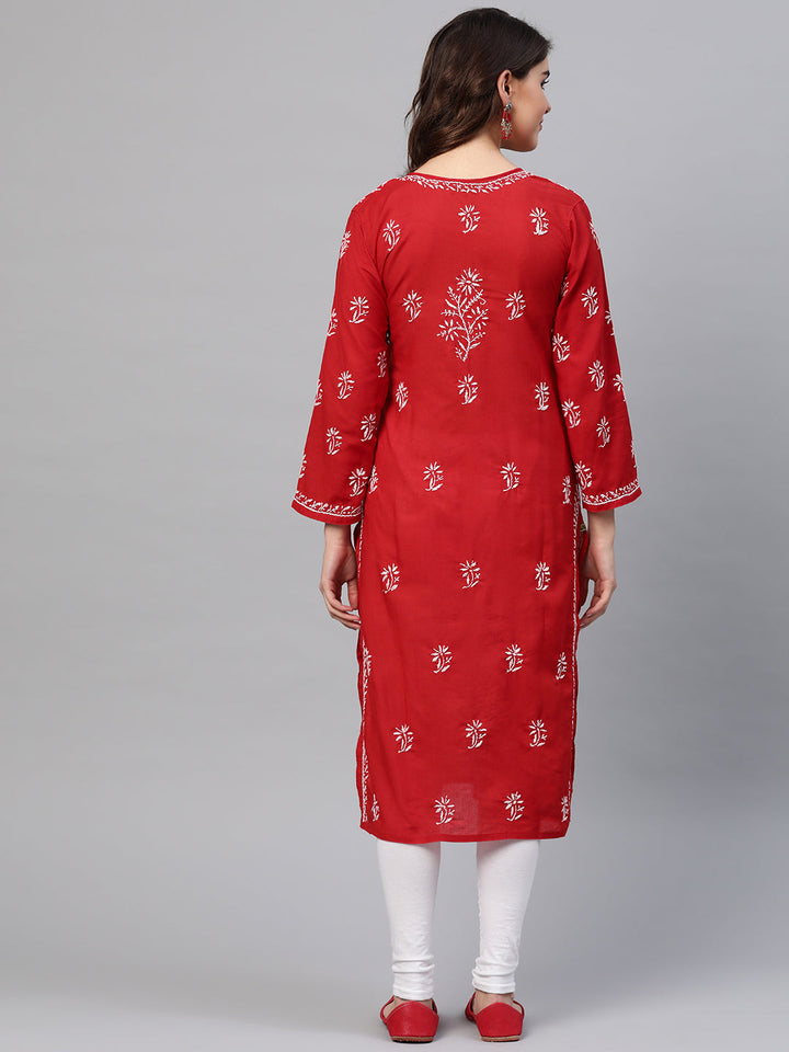 Lucknowi Chikankari Red Cotton Kurta