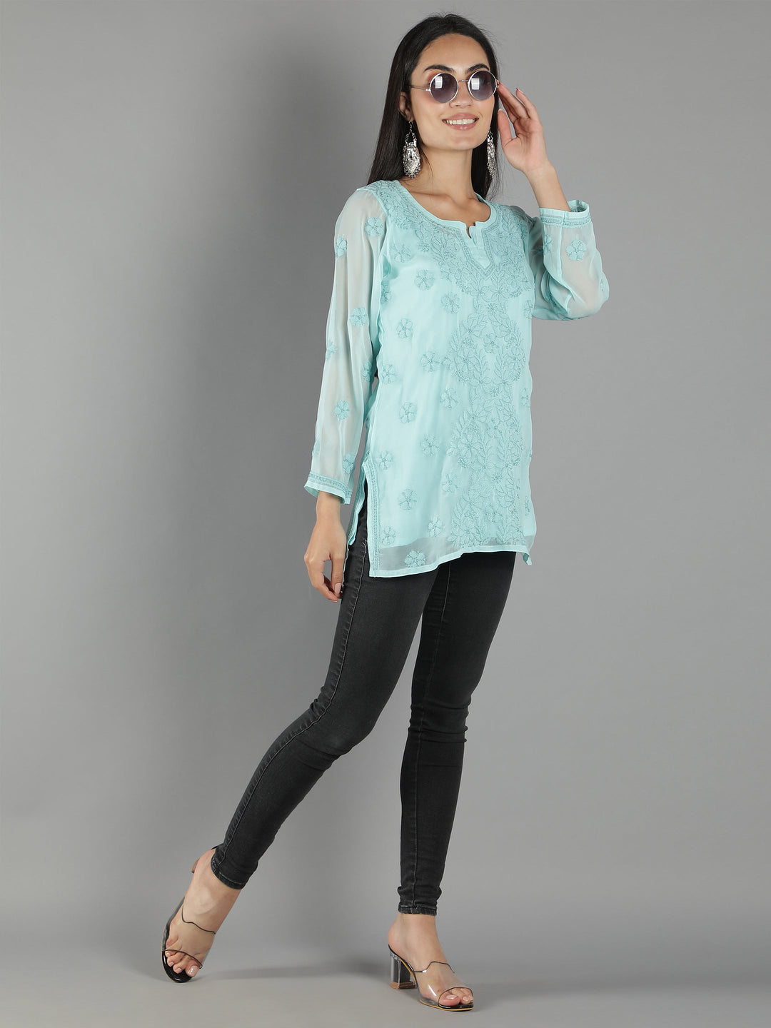 Lucknowi-Chikankari-Sea-Green-Short-Top-Tunic
